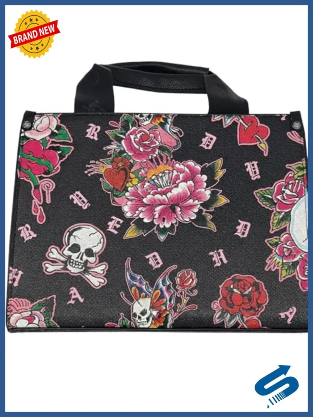 Vintage Tattoo Floral Skull Print Crossbody Bag with Adjustable Strap